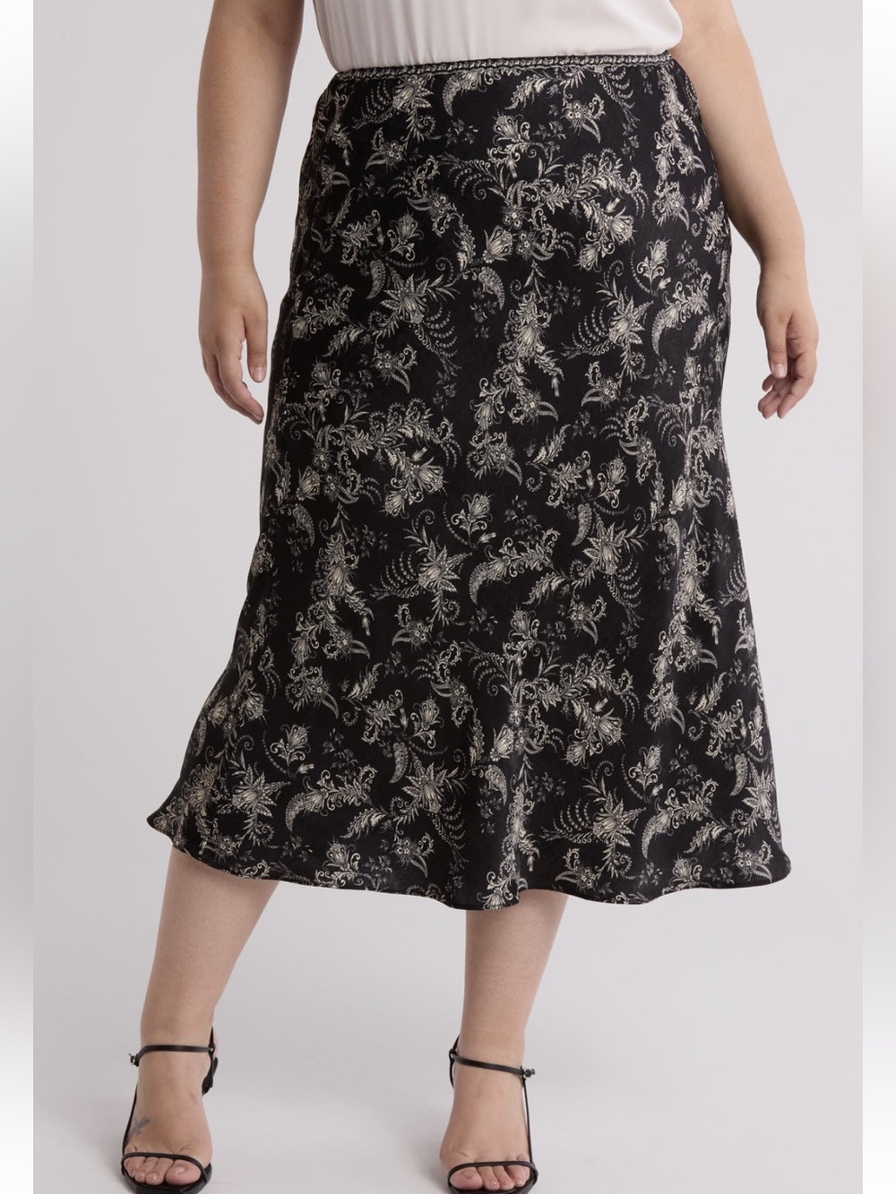 NWT Max Studio Bias Satin Midi Skirt black, white Floral Elastic waist skirt,1X